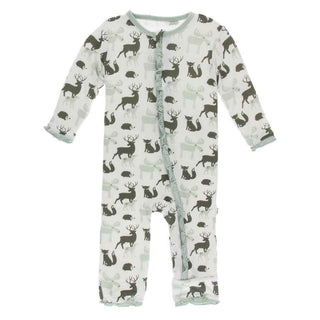 Print Bamboo Classic Ruffle Coverall with Zipper - Natural Forest Animals KicKee Pants