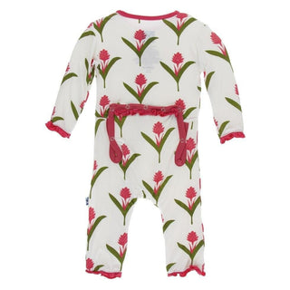 Print Bamboo Classic Ruffle Coverall with Zipper - Natural Red Ginger Flowers KicKee Pants