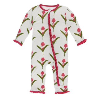 Print Bamboo Classic Ruffle Coverall with Zipper - Natural Red Ginger Flowers KicKee Pants