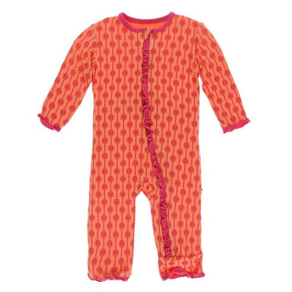 Print Bamboo Classic Ruffle Coverall with Zipper - Nectarine Leaf Lattice KicKee Pants