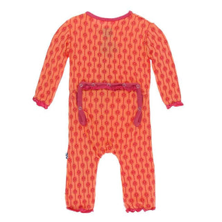 Print Bamboo Classic Ruffle Coverall with Zipper - Nectarine Leaf Lattice KicKee Pants