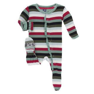 Print Bamboo Classic Ruffle Footie with Snaps - Christmas Multi Stripe KicKee Pants