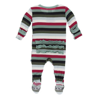 Print Bamboo Classic Ruffle Footie with Snaps - Christmas Multi Stripe KicKee Pants