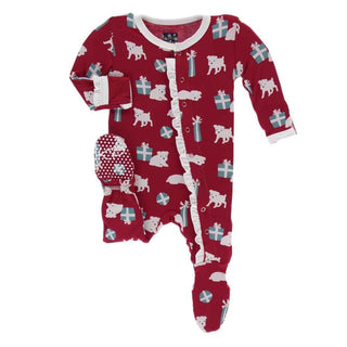 Print Bamboo Classic Ruffle Footie with Snaps - Crimson Puppies and Presents KicKee Pants