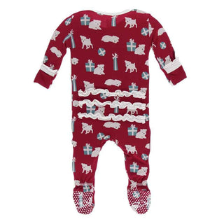 Print Bamboo Classic Ruffle Footie with Snaps - Crimson Puppies and Presents KicKee Pants