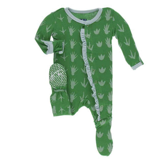 Print Bamboo Classic Ruffle Footie with Snaps - Dino Tracks KicKee Pants