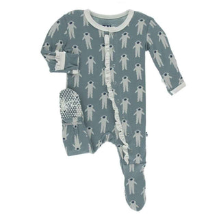 Print Bamboo Classic Ruffle Footie with Snaps - Dusty Sky Astronaut Baby & Toddler Sleepwear