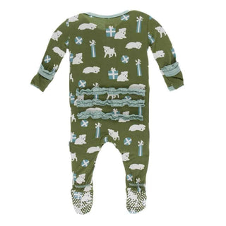 Print Bamboo Classic Ruffle Footie with Snaps - Moss Puppies and Presents KicKee Pants