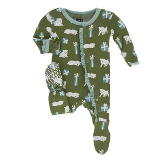 Print Bamboo Classic Ruffle Footie with Snaps - Moss Puppies and Presents KicKee Pants