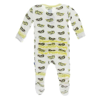 Print Bamboo Classic Ruffle Footie with Snaps - Natural Olive Branch KicKee Pants