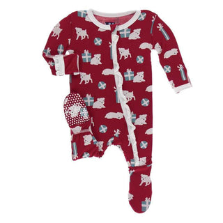 Print Bamboo Classic Ruffle Footie with Zipper - Crimson Puppies and Presents KicKee Pants