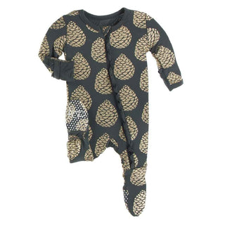 Print Bamboo Classic Ruffle Footie with Zipper - Pewter Pinecones Baby & Toddler Sleepwear