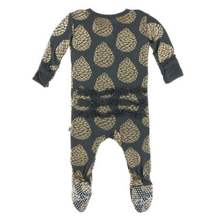 Print Bamboo Classic Ruffle Footie with Zipper - Pewter Pinecones KicKee Pants