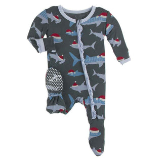 Print Bamboo Classic Ruffle Footie with Zipper - Pewter Santa Sharks KicKee Pants