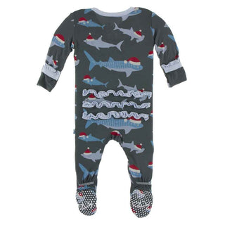 Print Bamboo Classic Ruffle Footie with Zipper - Pewter Santa Sharks KicKee Pants