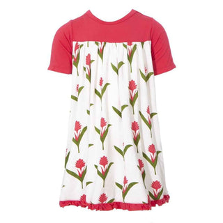 Print Bamboo Classic Short Sleeve Swing Dress - Natural Red Ginger Flowers KicKee Pants