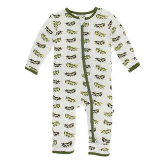 Print Bamboo Coverall with Zipper - Natural Olive Branch KicKee Pants