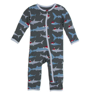 Print Bamboo Coverall with Zipper - Pewter Santa Sharks Baby & Toddler Sleepwear