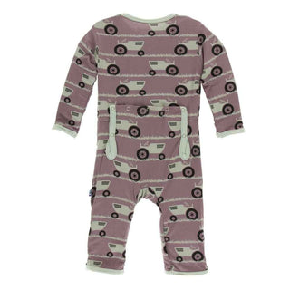 Print Bamboo Coverall with Zipper - Raisin Tractor and Grass KicKee Pants