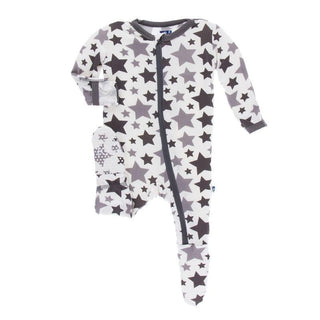 Print Bamboo Footie with 2-Way Zipper - Feather & Rain Stars KicKee Pants