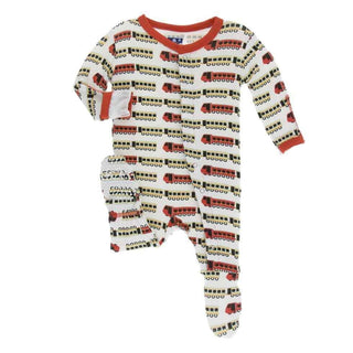 Print Bamboo Footie with Snaps - Natural Indian Train KicKee Pants