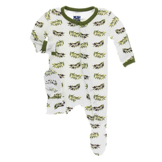 Print Bamboo Footie with Snaps - Natural Olive Branch KicKee Pants