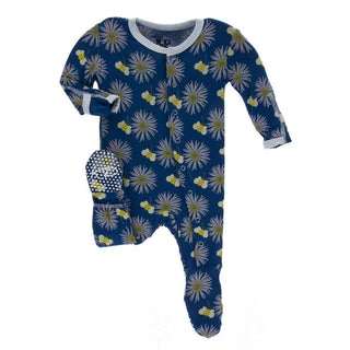 Print Bamboo Footie with Snaps - Navy Cornflower and Bee Baby & Toddler Sleepwear