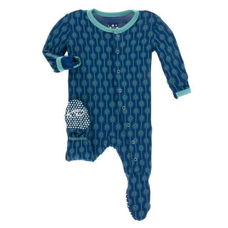 Print Bamboo Footie with Snaps - Navy Leaf Lattice KicKee Pants