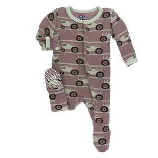 Print Bamboo Footie with Snaps - Raisin Tractor and Grass KicKee Pants