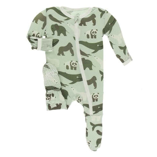 Print Bamboo Footie with Zipper - Aloe Endangered Animals KicKee Pants