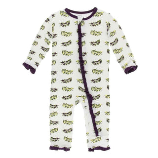 Print Bamboo Layette Classic Ruffle Coverall with Zipper - Natural Olive Branch KicKee Pants