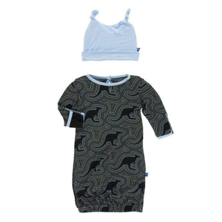 Print Bamboo Layette Gown & Double Knot Hat Set - Midnight Kangaroo KicKee Pants