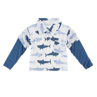 Print Bamboo Long Sleeve Double Layer Polo Shirt, Natural Megalodon Baby & Toddler Tops