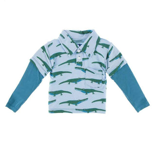 Print Bamboo Long Sleeve Double Layer Polo Shirt, Pond Crocodile Baby & Toddler Tops