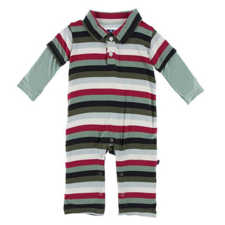 Print Bamboo Long Sleeve Double Layer Polo Romper - Christmas Multi Stripe Baby One-Pieces