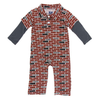 Print Bamboo Long Sleeve Double Layer Polo Romper - London Brick Baby One-Pieces