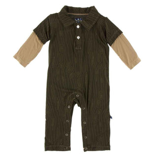 Print Bamboo Long Sleeve Double Layer Polo Romper - Petrified Wood Baby One-Pieces