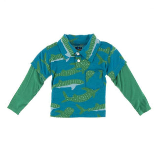 Print Bamboo Long Sleeve Double Layer Polo Shirt, Seagrass Whale Shark Baby & Toddler Tops