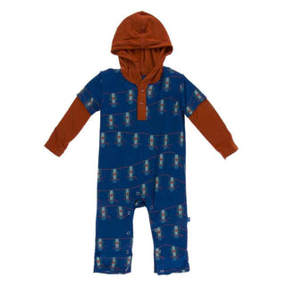 Print Bamboo Long Sleeve Hoodie Romper - Navy Lantern Festival Baby One-Pieces