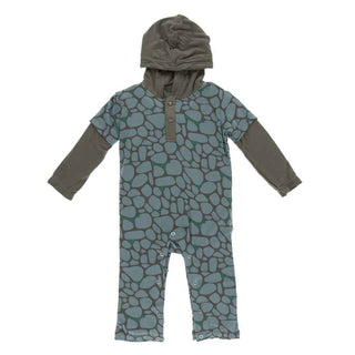 KicKee Pants Print Long Sleeve Hoodie Romper - Sea Rolled Rocks