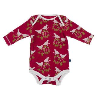 Print Bamboo Long Sleeve One Piece, Crimson Kissing Birds Baby One-Pieces