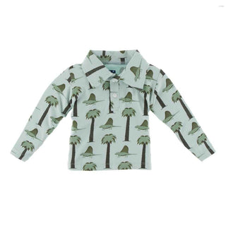 KicKee Pants Print Long Sleeve Performance Jersey Polo Shirt - Dimetrodon