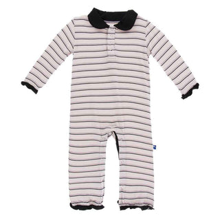 Print Bamboo Long Sleeve Peter Pan Collared Romper, Girl Parisian Stripe Baby One-Pieces