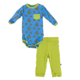 KicKee Pants Print Long Sleeve Pocket One Piece and Pant Outfit Set, River Hay Bales