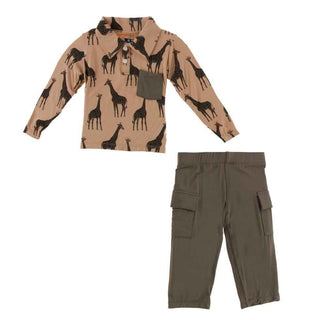 Print Bamboo Long Sleeve Polo with Pocket and Cargo Pant Set - Suede Giraffes Baby & Toddler Outfits