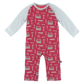 KicKee Pants Print Long Sleeve Raglan Romper - Flag Red Construction