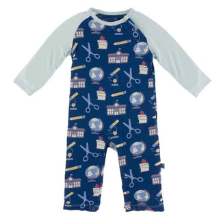 Print Bamboo Long Sleeve Raglan Romper - Navy Education Baby One-Pieces