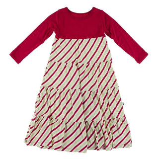 Print Bamboo Long Sleeve Tiered Dress, Candy Cane Stripe KicKee Pants