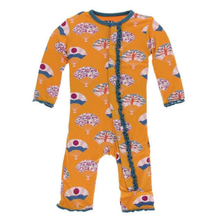 Print Bamboo Muffin Ruffle Coverall with Snaps - Apricot Fans KicKee Pants