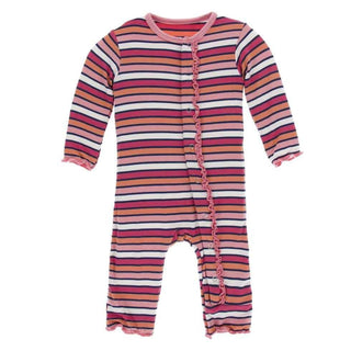 Print Bamboo Muffin Ruffle Coverall with Snaps - Botany Red Ginger Stripe KicKee Pants